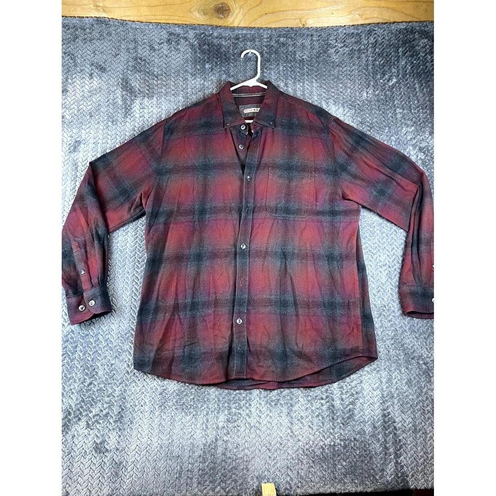 32 Bar Blues Flannel Shirt Mens XL Red Black Ombre Plaid Cotton Button Down